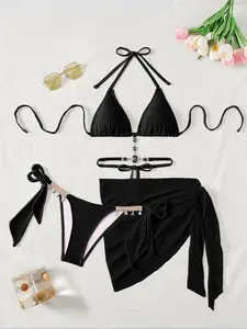 Women's Solid Bikini Set, Swimsuit Style Bikini, Casual Fashion Chic Set for Beach Holiday Vacation, Ladies Swimwear for All Seasons