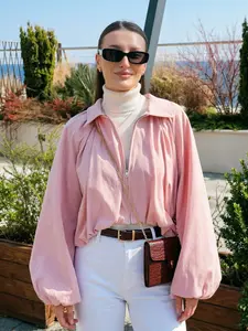 Women's Pink Cropped Bomber Jacket 2026 Spring Balloon Sleeve Long Sleeve Lapel Collar Zipper Up Loose Fit Streetwear Outerwear Casual Puff Sleeve Short Coat For Ladies Daily Wear Womenswear