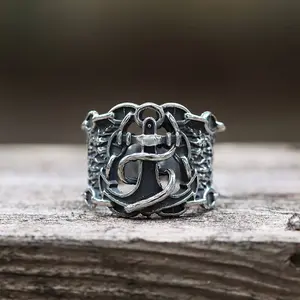 GTHIC Vintage Knot Sailor Anchor Stainless Steel Marine Ring for Men Daily Wear Signet Jewelry for Dad Father's Day Gift