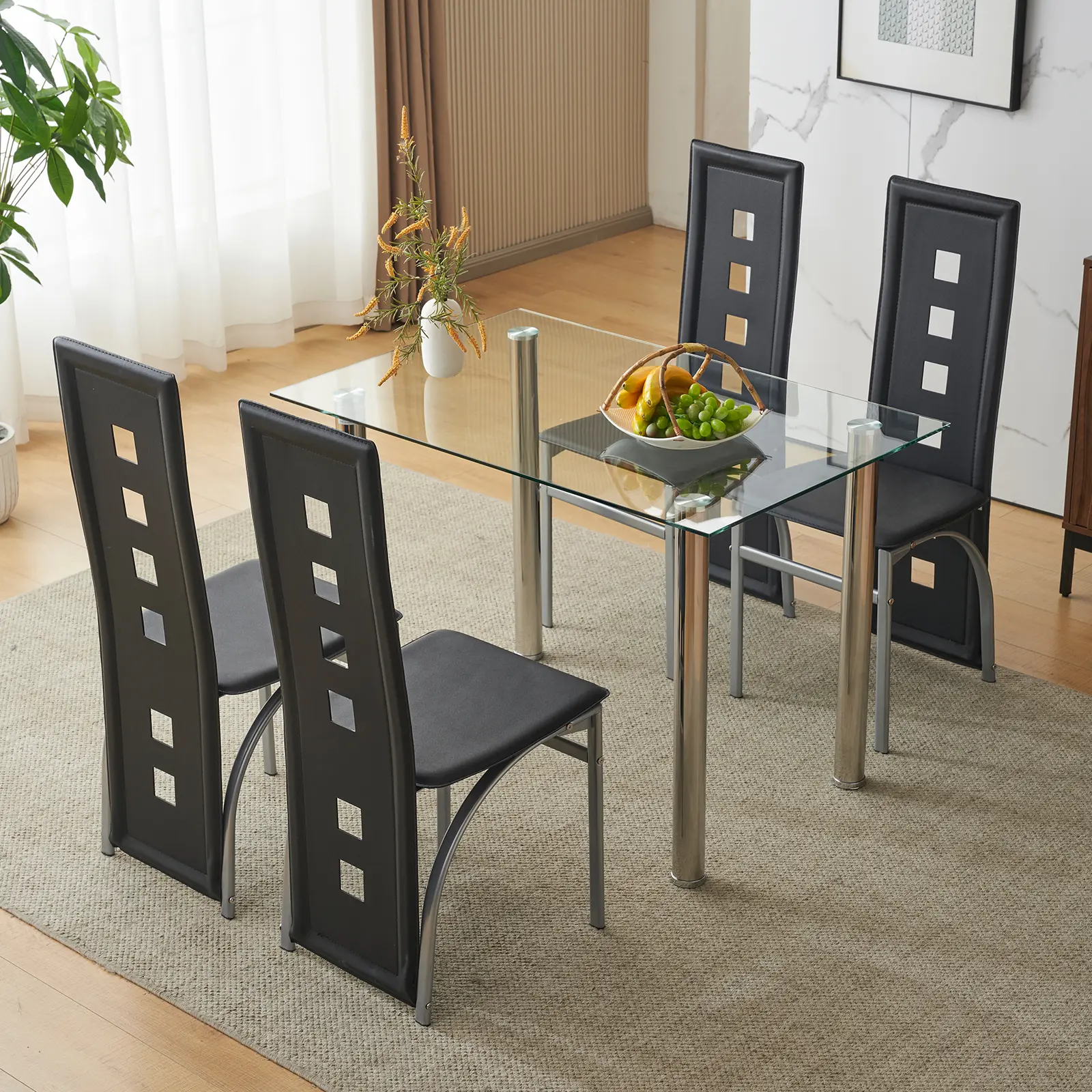 5 Pieces Dining Table Set for 4, Kitchen Room Tempered Glass Dining Table, 4 Chairs, Black,Table legs are silvery