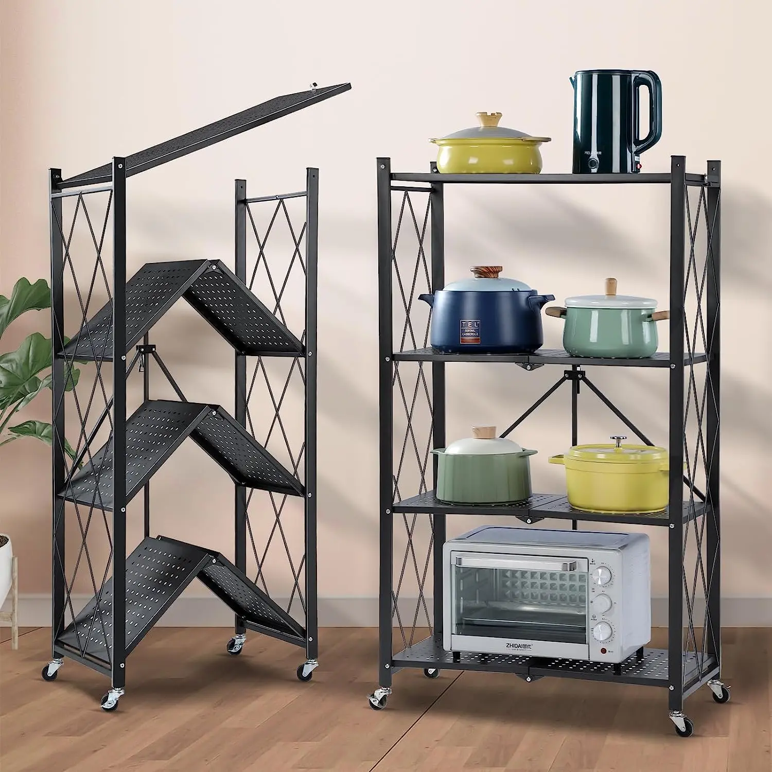 Joybos Foldable Carbon Steel Storage Shelves with Wheels, Heavy-Duty Rectangular Bookshelf Utility Rack, No-Assembly Cabinet-Rack Wire Shelving for Garage, Desk, Kitchen