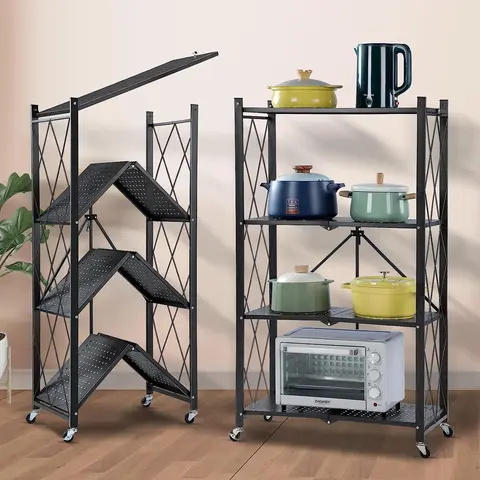 Joybos Collapsible Expandable Carbon Steel Rectangular Organizer - 25kg Capacity Heavy-Duty Rolling Cart with Wheels, No-Assembly Stand, 4-Level Utility Racks, 10cm Height Storage, 77lbs per Shelf, Bracket Mount Cabinet-Rack for Garage, Bedroom, Books