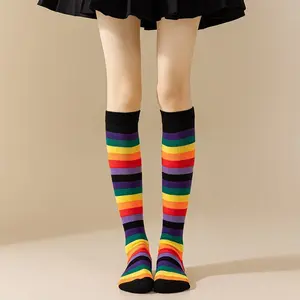 Women's Rainbow Long Tube Socks, Cotton High-Top Over-The-Knee Socks, Colorful Striped Party Stockings for Women