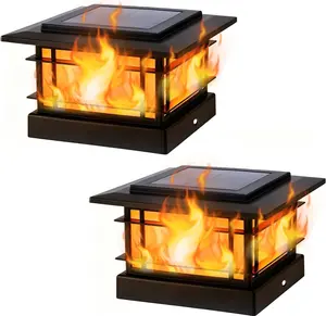 4x4 Solar Post Cap Lights Outdoor with Flickering Flame Light, Black Shell Fence Post Solar Lights Fit 4x4 Vinyl/Wooden Posts, Brightness LED Lighting Decor for Garden Deck Patio, 2 Pack