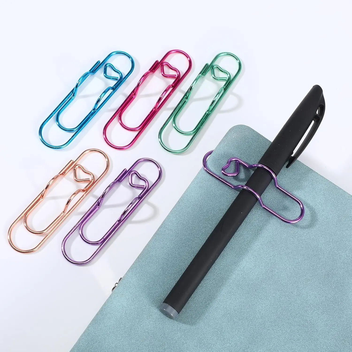 10 Pcs Pen Clip for Notebook, Heart Shaped Metal Paperclip Pen Holder, 5Colors, Notebook Planner Accessories, Multi Color Pens Holder Clips, Suitable for Thin Pen Holders