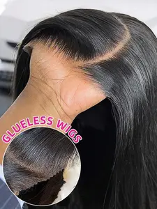 Wear&Go 13x4 150% Density Glueless Human Hair Wig Straight Transparent Lace Frontal Wig Ready To Wear Pre Plucked Pre Cut Lace Closure Wig Brazilian Beginner Friendly Natural Black Color Glueless Wigs