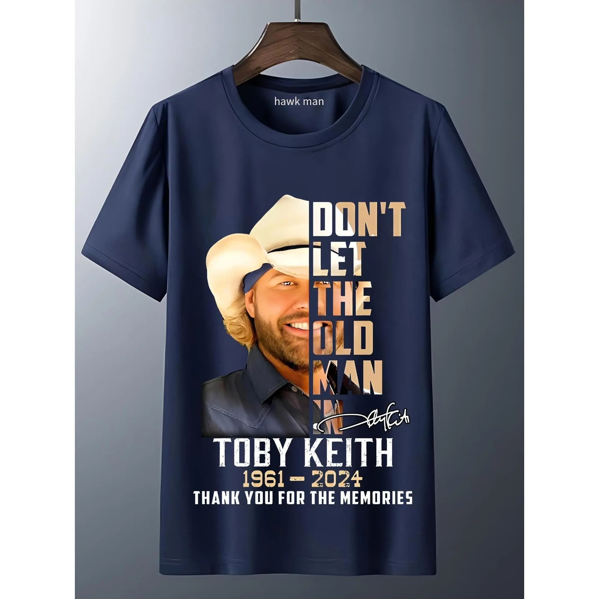 Toby Keith "Thank You for The Memories" Unisex Cotton T-Shirt - Navy Blue Graphic Tee with Cowboy Hat Design, Casual Short Sleeve Shirt for All Seasons