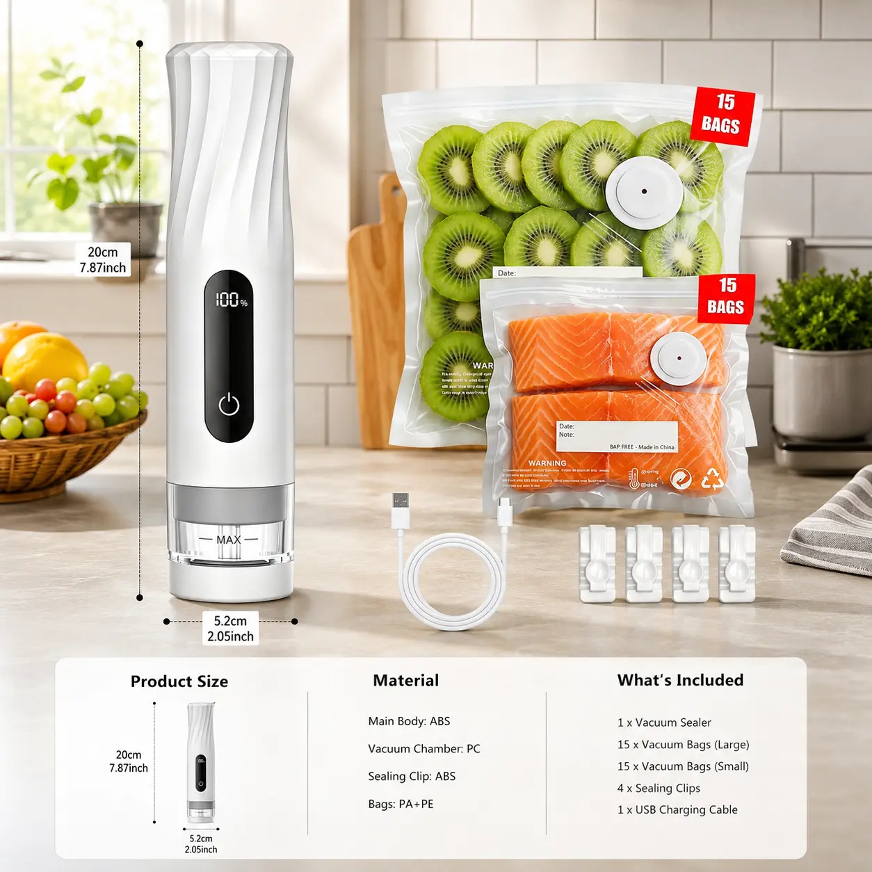 Compact Vacuum Sealer for Food Storage with 30 Bags: Portable Handheld Food Sealer, 80kPa Suction, 1800mAh Battery, 30 Reusable Vacuum Bags, Preserve 5X Freshness with Easy Operation Food Storage  Machine  Kitchen Utensils