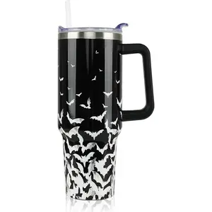 40 oz Stainless Steel Insulated Halloween Bat Tumbler - Leak-Proof Lid, Straw, Portable Reusable Coffee Drink Water Bottle, Women's Birthday Gift