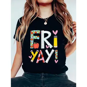 Women's Black Fri-Yay Happy Friday Graphic T-Shirt - Floral Print Casual Short Sleeve Top with Stretch Fabric, Round Neck, Machine Washable, Back to & Teacher Appreciation Design, Cute T Shirts