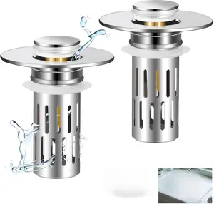 2 Pack Bathroom Sink Stopper for 1.06-1.50in, Universal Bathroom Sink Drain Pop Up Stopper with Hair Strainer, Universal Drain Filter for US Stainless Steel Floor Drain Filter (Silver)