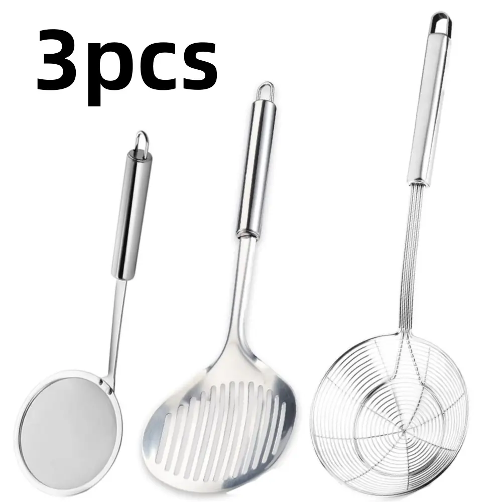 Stainless Steel Skimmer Set, 3-Piece Kitchen Utensils with Slotted Bowl and Wire Strainer, Heat-Resistant Long Handles for Cooking and Frying, Three Pieces