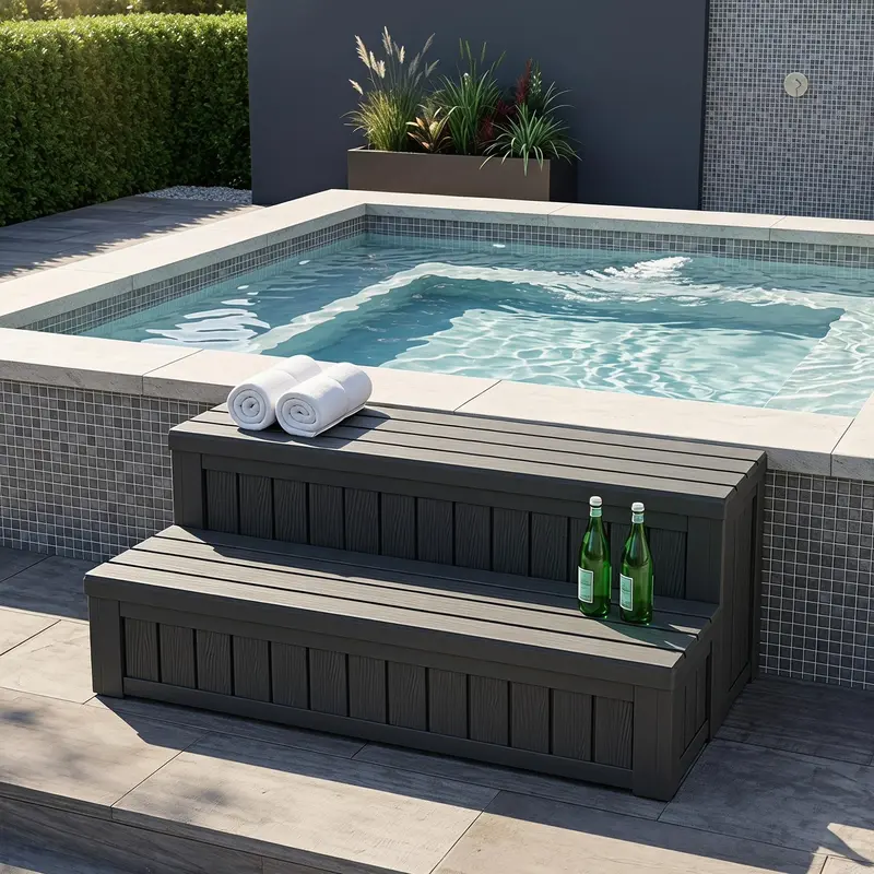 BIFANUO Outdoor Pool & Hot Tub Steps - 36 in Long, Durable Resin,Non-Slip, Large Storage Compartments, Seat, Entry/Exit Solution for Mobile Homes, Campers,, Hot Tub Safe Entry, 2-Step