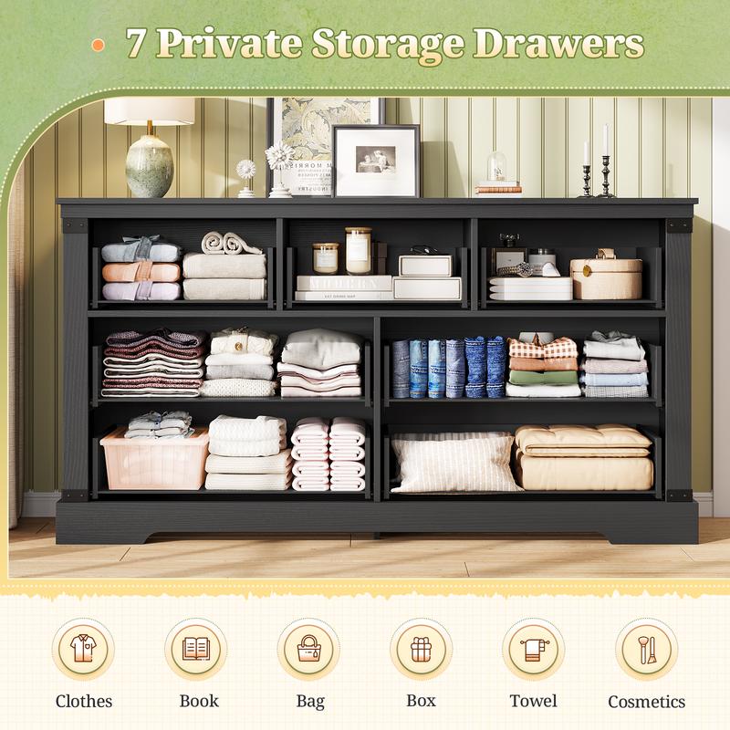 Hasuit Black Dresser for Bedroom, Wooden 55.1" Long Dressers Chest of Drawer, Farmhouse 7 Drawer Dresser with Thick Styling, Large Capacity Storage Cabinet Organizer, Wide Dressers for Bedroom Hallway