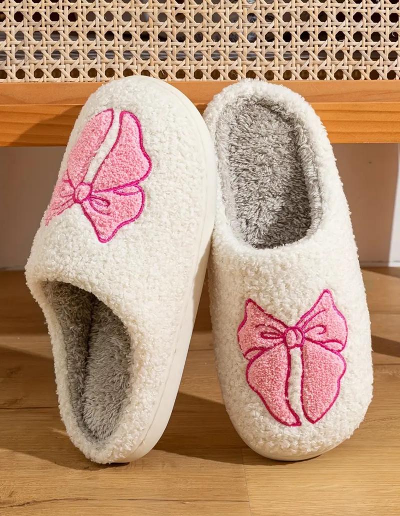 Women's Bowknot Slippers - Winter Warm Fuzzy Slip-On House Shoes with Cute Bow and Cartoon Pattern - Footwear, Walking Shoes