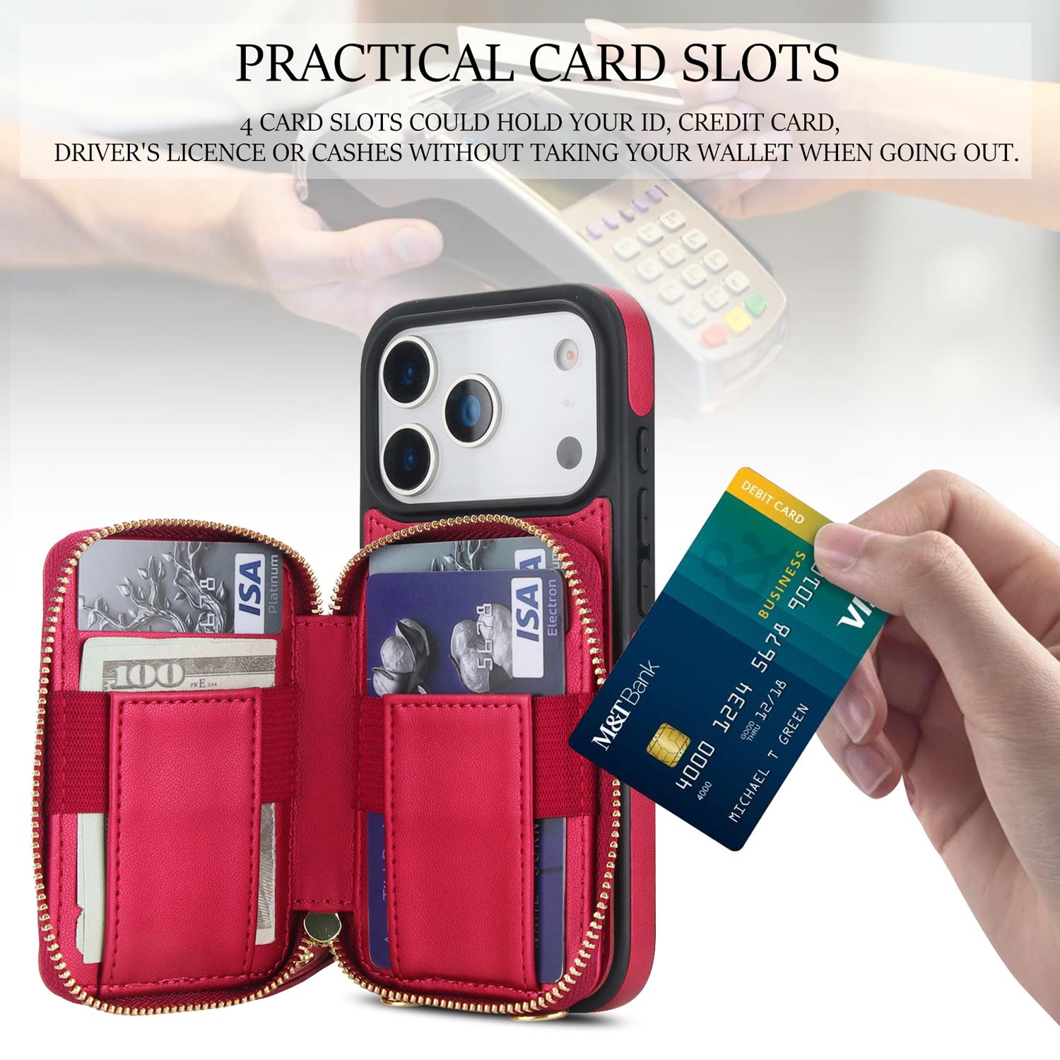 Crossbody Wallet Phone Case for iPhone 17 Pro Max 16 15 14 13 12 11, PU Leather RFID Blocking Flip Cover with Zipper Pocket Card Holder Kickstand Wrist Strap Adjustable Lanyard