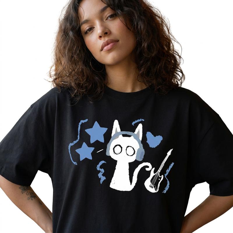 Black Cat Headphones Guitar 100% Cotton Women Tee Indie Music Lover Graphic Shirt