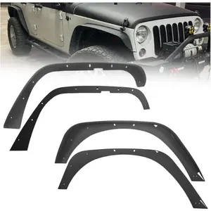 Flat Front & Rear Fender Flares Compatible with 2007-2018 Jeep Wrangler JK JKU Unlimited (2/4 Doors), Off-Road Heavy Duty Steel Fender Liner Mud Guards Textured Black 4 PCS Automotive Vehicle Wheel Carbon Protector