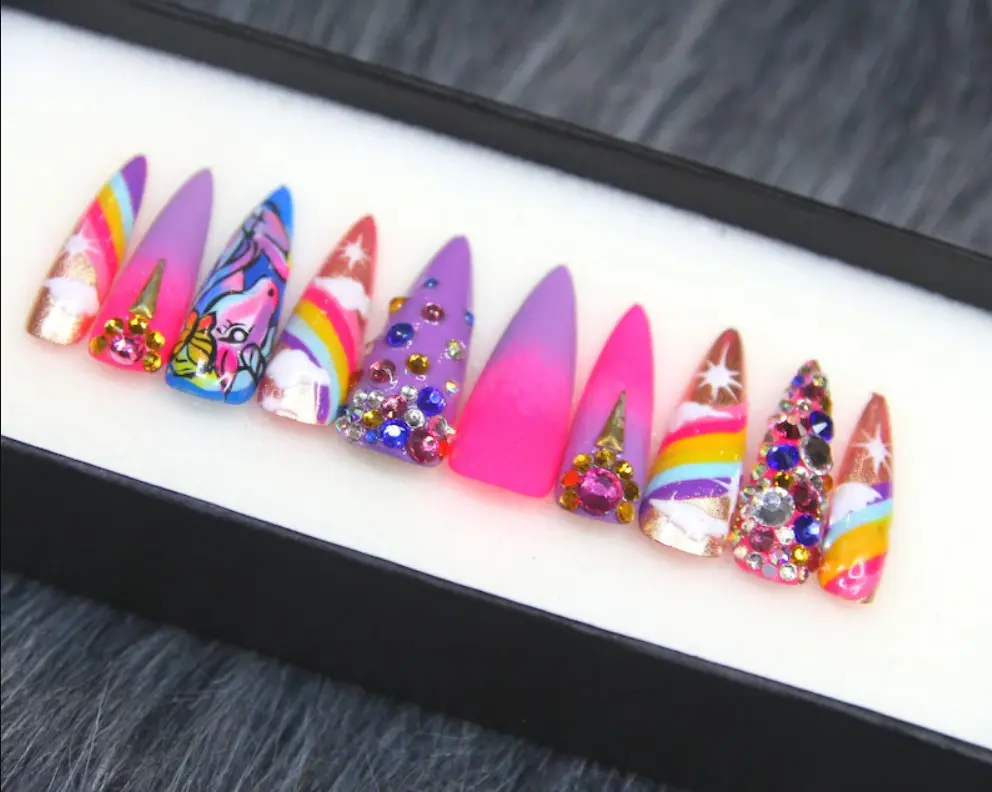 Handmade Unicorn Pride Press On False Nails Set, Luxury Crystal Nail Art, Gif For Her On Holiday Wedding Party