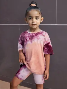 Two-piece Set Girl's Tie Dye Drop Shoulder Tee & Short Set, Casual Fashion Cozy Round Neck Short Sleeve T-shirt & Skinny Bottoms for Daily Outdoor Wear, Kids Clothing for Summer
