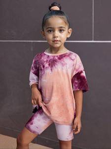 two-piece set girl's tie dye drop shoulder tee & short set, fashion cozy round neck short sleeve t-shirt & skinny bottoms for daily outdoor wear, kids clothing for summer, girlclothes, casual outfit set