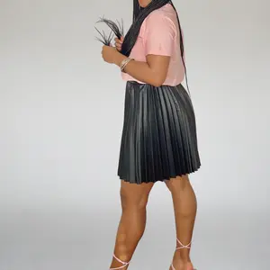 Midnight Petal Pleated Skirt - Soft Faux Leather High-Waist Pleated Skirt for Petite Women - Perfect for Spring Summer Street Chic Power Lunches & Concerts