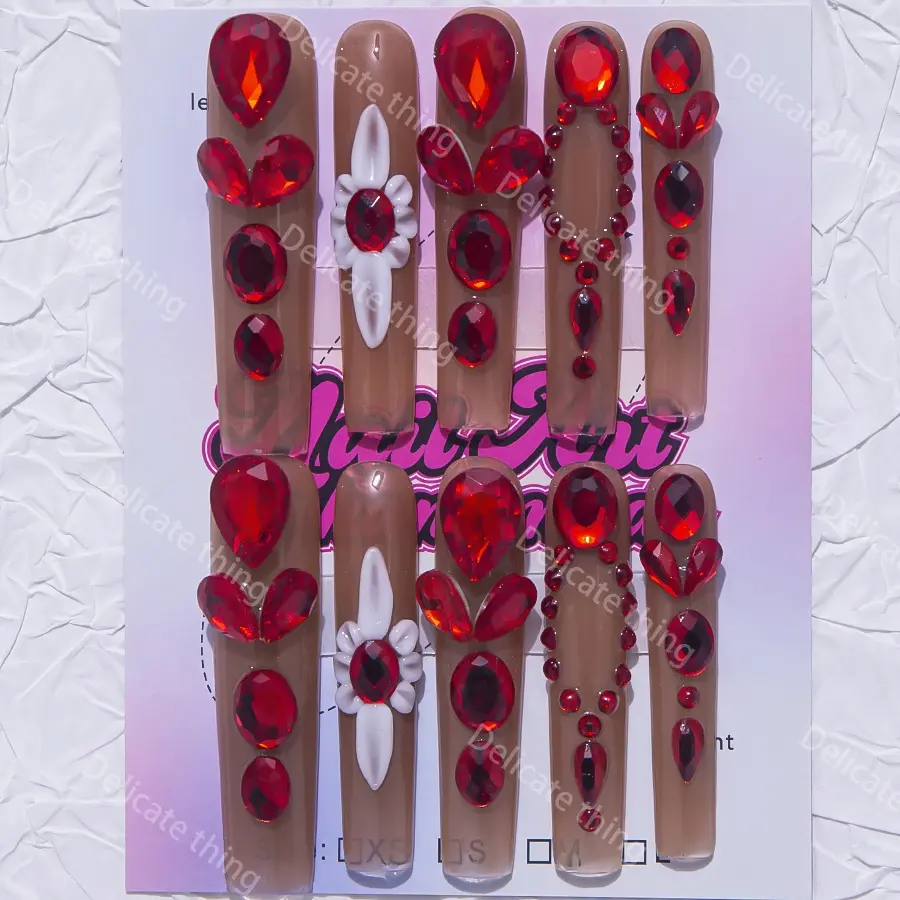 Delicatething Y2K Style Coffin Nails Set, Handmade Press On Wearable Nail Art Nail Tips with Gemstone Design, Nail Art Products, Perfect Gift for Women, Includes Jelly Glue and Crystal Rods