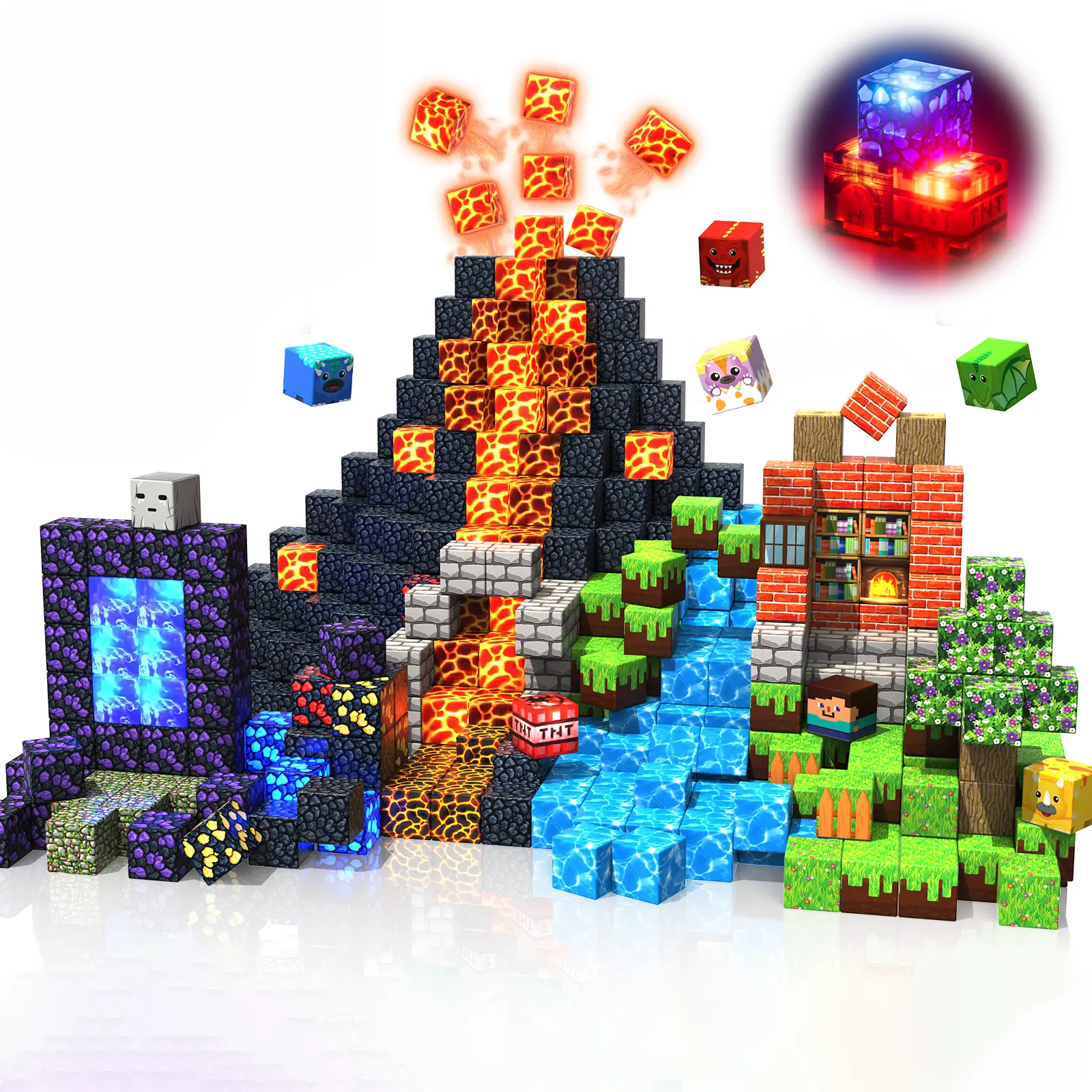 Magnetic Blocks - 150 PCS Dinosaur Volcano Forest Castle Set with Light Up Blocks - Kids Classroom Sensory Toy for Toddlers STEM, Construction Stacking Toy Kids 3+ Boys Easter Basket Stuffers,summerwins