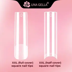 UNA GELLA 216PCS Clear Soft Gel Long Square Nail Press on Nails, 12 Sizes Full-Half Cover Pre-Filed Pre-Built Acrylic Extensions, No C Curve Flat-Friendly Transparent Fake Tips for DIY Salon Manicure TikTok Supplies