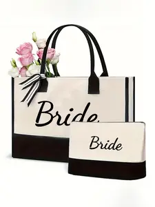 Women's Tote Bag Set, Bride Design, Elegant "Bride" Tote Bag Includes Coin Purse - Versatile Style, Matching Makeup Pouch, Fashion Companion, Commuter Tote for Women, Perfect Holiday Gift for Friends and Family, For Daily Use, Travel, College