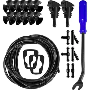 22 PCS Car Windshield Washer Nozzle Hose Kit, 4M Washer Fluid Hose, 6 PCS Hose Connectors, 2 Fan Nozzles & Gaskets, 10Pcs Hood Retainers, Suitable for Truck SUV Windshield Fluid Tubing (Black)