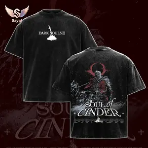 SOUL OF CINDER Dark Souls III Unisex Acid Washed Lightweight Cotton T-Shirt Graphic Tee, Game Lover Streetwear Fabric Menswear Top Collar Seamless Tshirt  Tropical Classic Apparel Clothes Oversized Soft Tanks Hoodie Swe