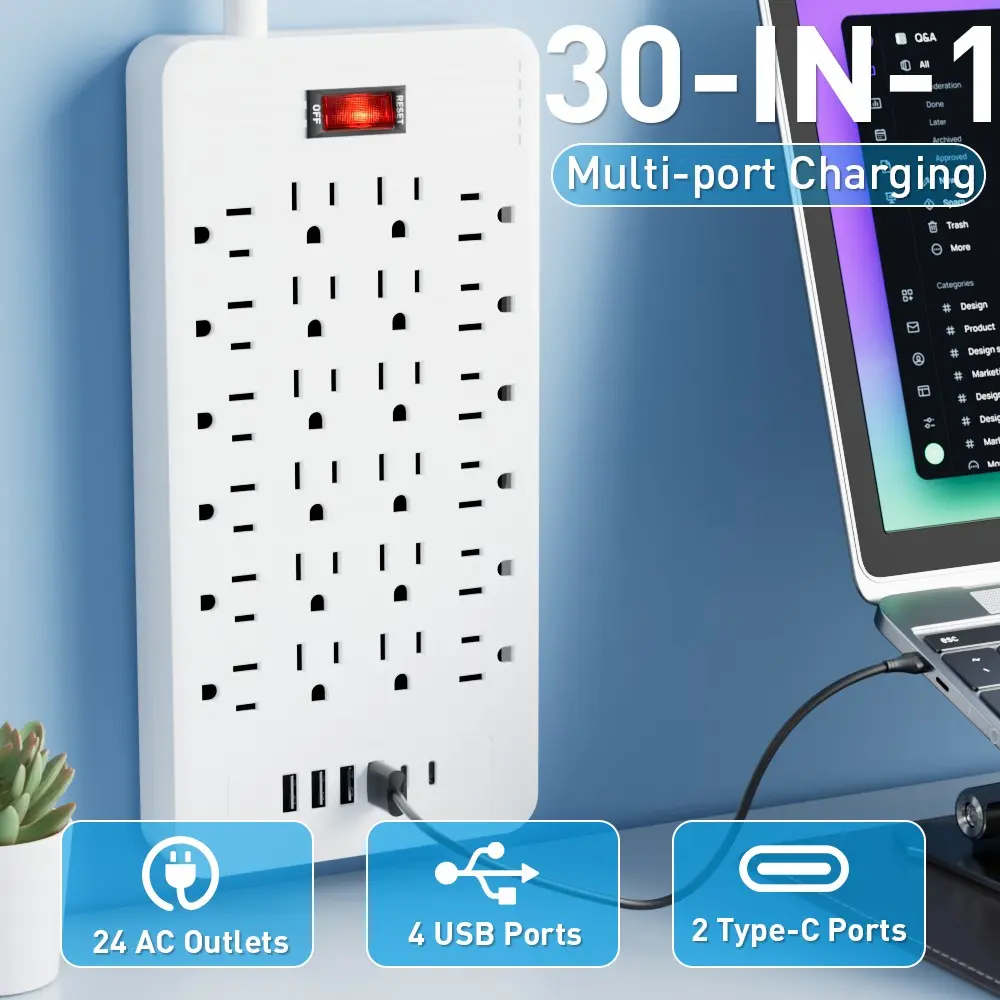 30-In-1 Surge Protector Outlet, Wall Outlets, Power Strip, Surge Protector Socket, 24 Ac Slots, 4 USB-A, 2 Type-C, Overload Protection, Wall-Mounted, Space-Saving, Home Office Kitchen