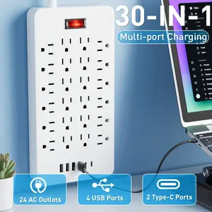 30-In-1 Surge Protector Outlet, 24 Ac Slots, 4 USB-A, 2 Type-C, Overload Protection, Wall-Mounted, Space-Saving, Home Office Kitchen