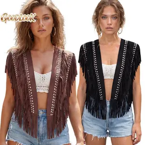 Women's Studded Suede Vest 70s Hippie Outfit Sleeveless Open Front Tassel Vest Collar