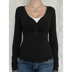 Women's   Contrast Lace  Button V Neck Tee, Casual Long Sleeve T-shirt for Spring & Fall, Women's Top for Daily WearGift