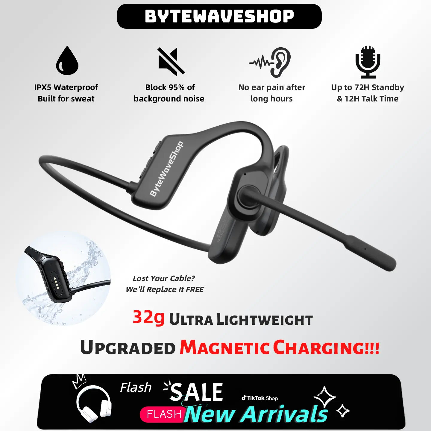 ByteWave Open Ear Air Conduction Wireless Audio Headphones - Durable Bluetooth 5.3 Headset with Noise Canceling Mic, IPX5 Water Resistant, Rechargeable Battery, Stays on Ear Hook for Truck Drivers, Sports Use