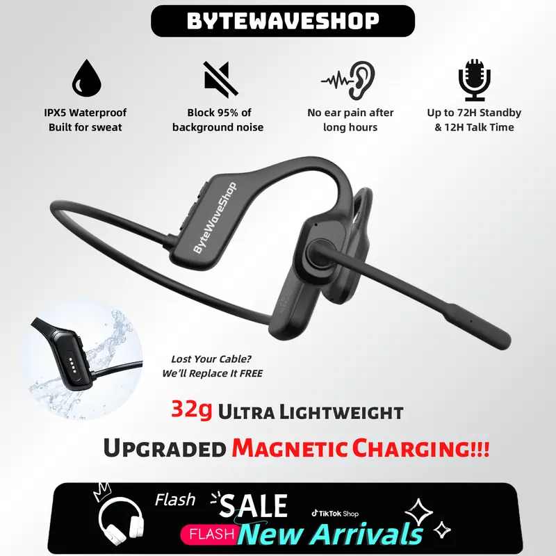 ByteWave Open Ear Air Conduction Wireless Audio Headphones - Durable Bluetooth 5.3 Electronic Headset, Noise Canceling Mic, IPX5 Water Resistant, Rechargeable Battery, Ear Hook Design, Rich Audio for Sports, Outdoor Truck Drivers