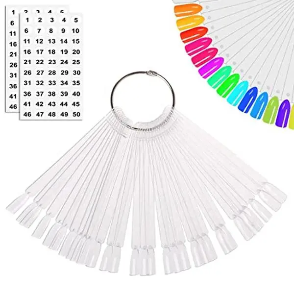 50Pcs Nail Swatch Sticks, Nail Practice Display Tips, Clear | Nail Art Sample Sticks, Color Display Board, Fan Shape with Number Sticker and Hanging Ring