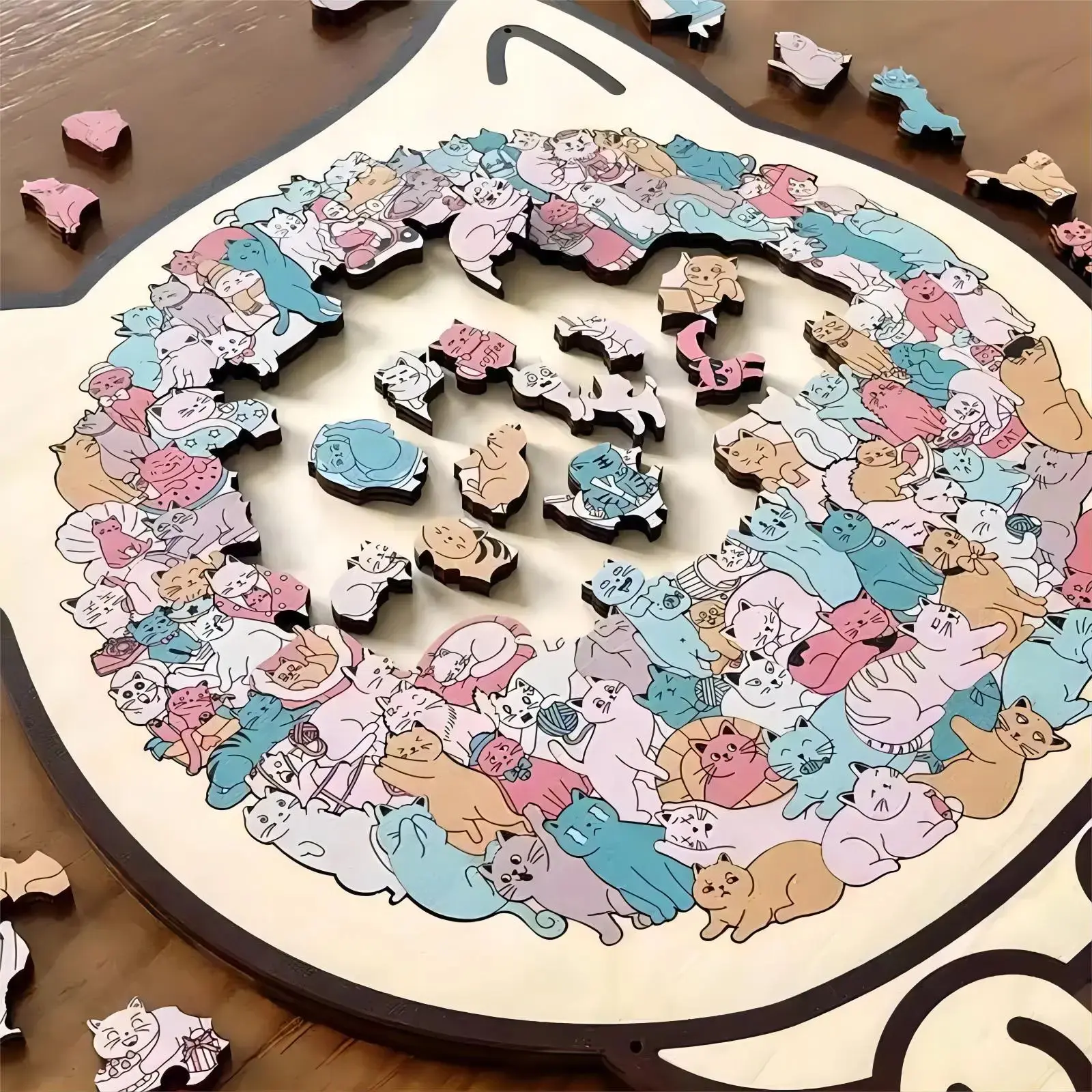 135-Piece Cat-Shaped Wooden Jigsaw Puzzle – Colorful Animal Wood Puzzle with Display Stand & Dust Cover, Decorative Home Display Puzzle, Unique Creative Gift for Cat Lovers and kids Relieve stress