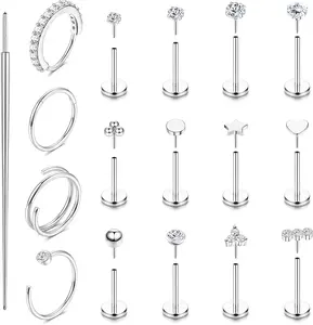 14K Gold Plated Nose Rings Studs Hoops for Women Men 20G 18G Hypoallergenic Surgical Steel Push in Threadless Flat Back Earrings CZ Helix Tragus Lip Cartilage Medusa Nostril Piercing Jewelry