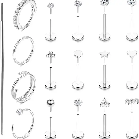Unisex 14K Gold Plated Sparkle CZ Body Jewelry - 20G/18G Hypoallergenic Surgical Steel Push-In Threadless Flat Back Nose Rings, Studs, Hoops for Nose Piercing, Helix, Tragus, Lip, Cartilage, Medusa, Daily Wear
