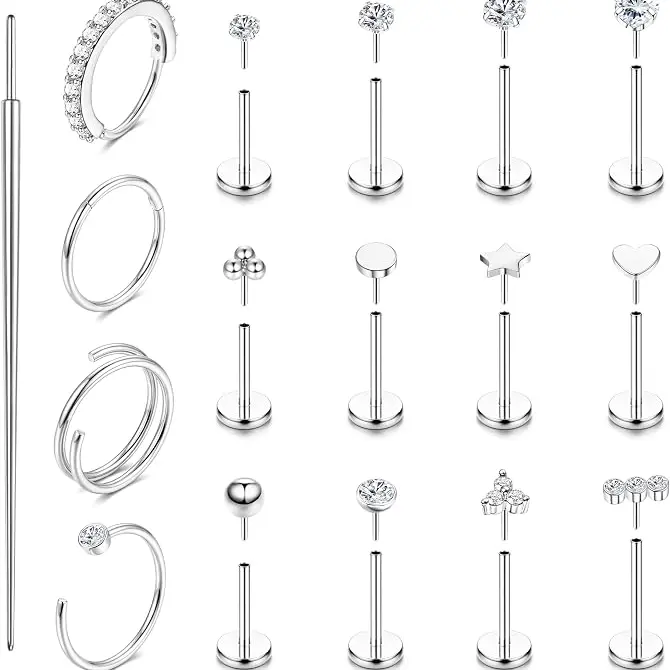 Unisex 14K Gold Plated Sparkle CZ Body Jewelry - 20G/18G Hypoallergenic Surgical Steel Push-In Threadless Flat Back Nose Rings, Studs, Hoops for Nose Piercing, Helix, Tragus, Lip, Cartilage, Medusa, Daily Wear