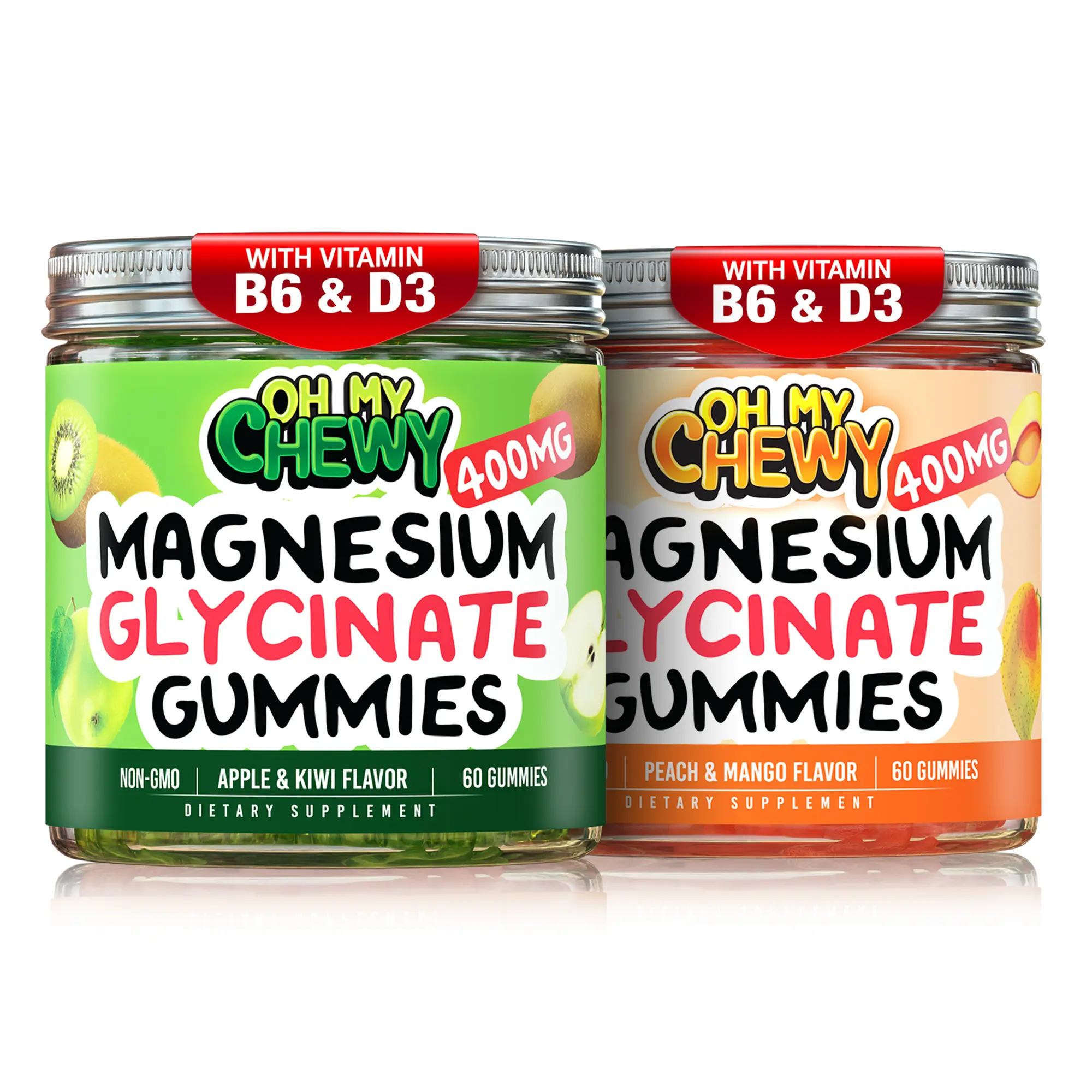 OH MY CHEWY Magnesium Glycinate Gummies Bundle – 2 Bottles (60 Each) – Apple Kiwi & Peach Mango Healthy Snacks