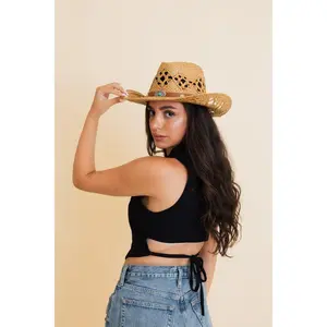 Western Girl Woven Raffia Cowboy Hat for Women Boho Wide Brim Straw Cowboy Hat | Summer Beach Sun Protection Aesthetic Western Festival Hat
