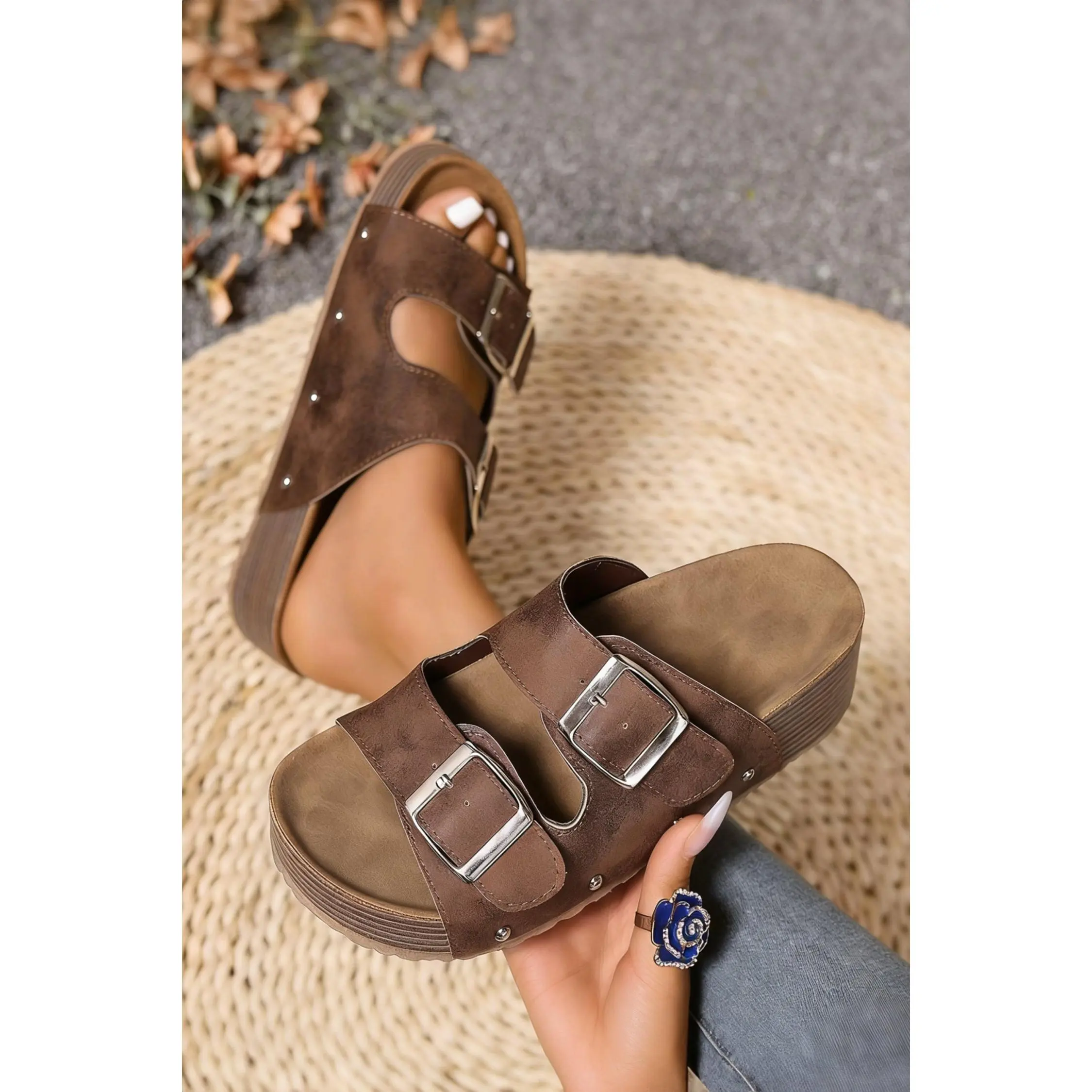 Coffee Retro Double Buckle PU Leather Faux Suede Platform Slippers
