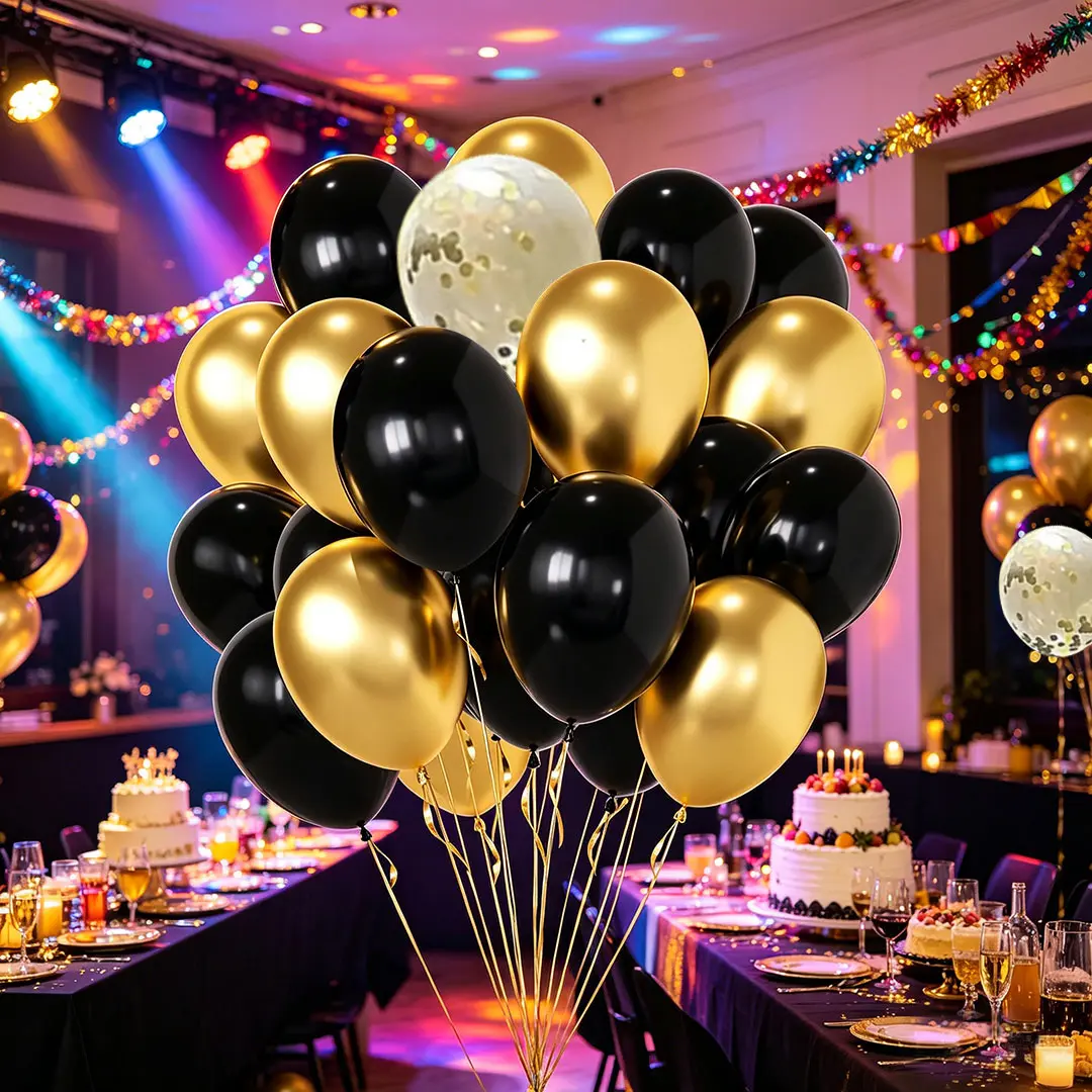 50PCS 12in Black & Gold Confetti Balloon Clusters - Festive Home & Party Supplies for Birthday, Wedding Decorations, Balloon Clusters Balloons, Festive Balloons