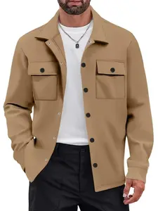 Men's Long Sleeve Knit Utility Shirt Jacket, Menswear, Fall Winter Spring Fitted Casual Street Classic Retro Style, Dual Pocket Design, Button Closure, Essential Wardrobe Item
