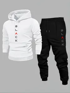 Men's Fall Winter Hoodie Set, Streetwear Tracksuit Set, Letter Print Drawstring Casual Sport Pants, Thick Fabric, Regular Length, Fitted Style, 2 Piece Pack