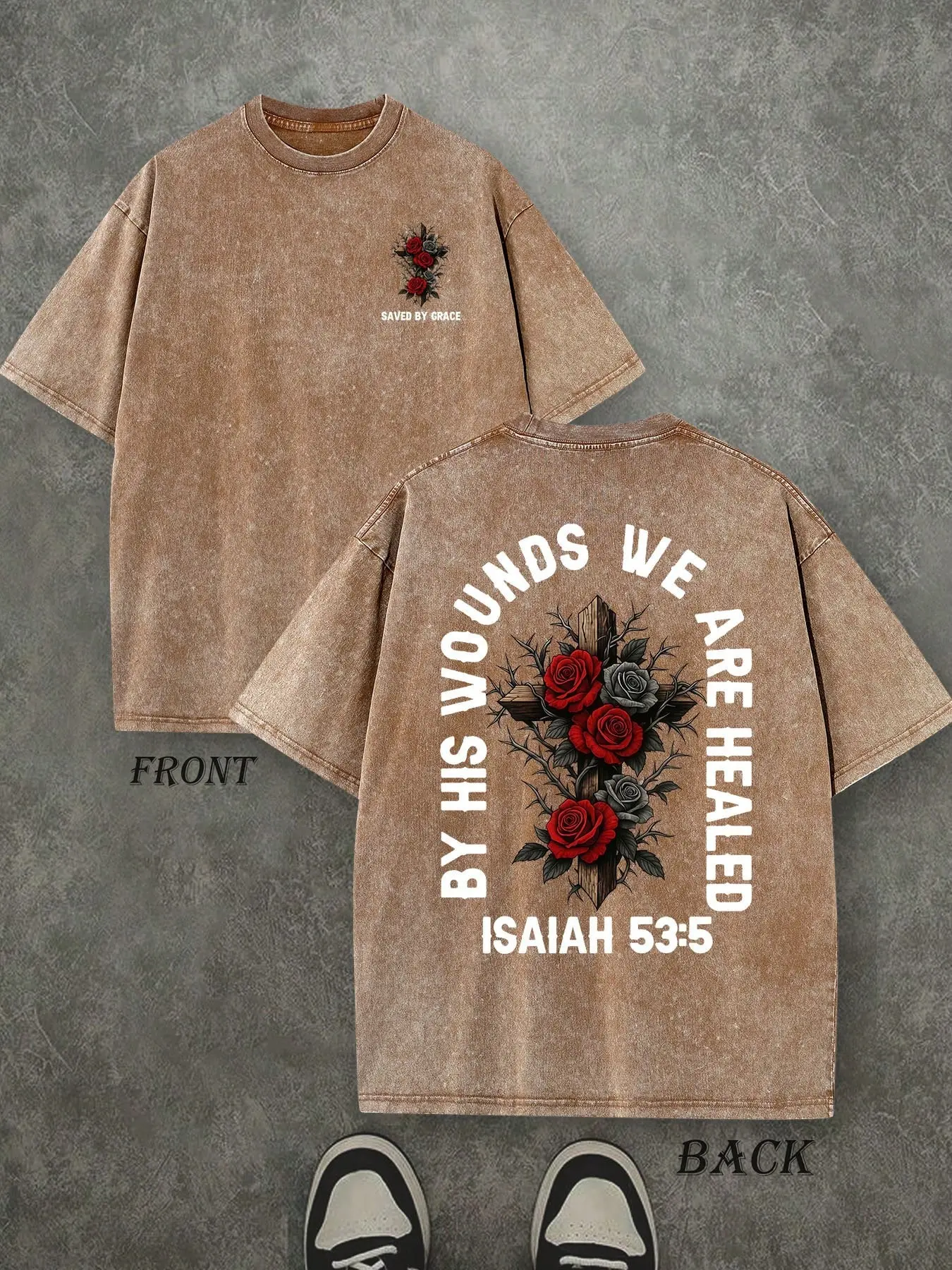 Vintage "By His Wounds We Are Healed" Isaiah 53:5 Christian T-Shirt, Washed Brown Cotton Oversized Short Sleeve Tee, Floral Cross Faith Casual Crewneck